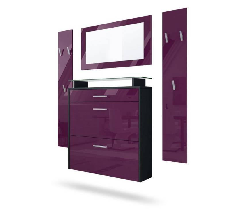 Vladon Garderoben-Set Malea, (Garderobenset bestehend aus 1 Hängeschuhschrank, 1 Wandspiegel und 2 Garderobenpaneele), Schwarz matt/Brombeer Hochglanz von Vladon