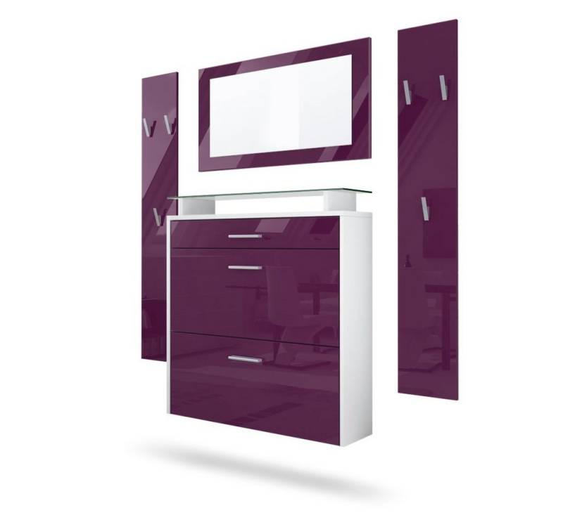 Vladon Garderoben-Set Malea, (Garderobenset bestehend aus 1 Hängeschuhschrank, 1 Wandspiegel und 2 Garderobenpaneele), Weiß matt/Brombeer Hochglanz von Vladon