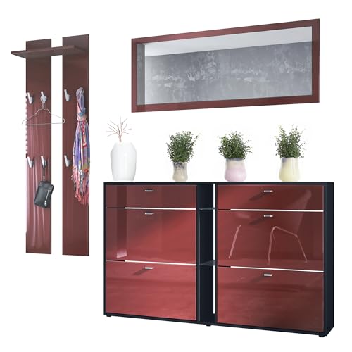 Vladon Garderoben-Set Orlando mit Schuhschrank, Made in Germany, Wandpaneel und Wandspiegel, Schwarz matt/Bordeaux Hochglanz von Vladon