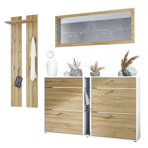 Vladon Garderoben-Set Orlando mit Schuhschrank, Made in Germany, Wandpaneel und Wandspiegel, Weiß matt/Eiche Natur Vladon Garderoben-Set Orlando mit Schuhschrank, Made in Germany, Wandpaneel und Wandspiegel, Weiß matt/Eiche Natur von Vladon