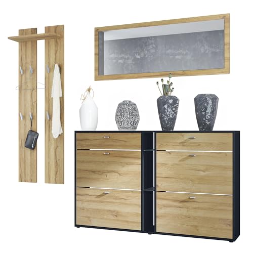 Vladon Garderoben-Set Orlando mit Schuhschrank, Made in Germany, Wandpaneel und Wandspiegel, Schwarz matt/Eiche Natur Vladon Garderoben-Set Orlando mit Schuhschrank, Made in Germany, Wandpaneel und Wandspiegel, Schwarz matt/Eiche Natur von Vladon