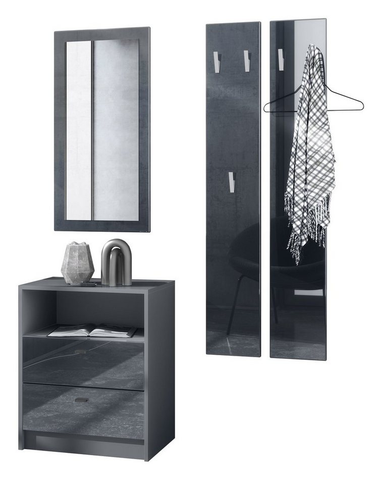 Vladon Garderoben-Set Pino, (Garderobenset bestehend aus 1 Kommode, 1 Wandspiegel und 2 Garderobenpaneele), Anthrazit matt/Schwarz Hochglanz (ca. 130 x 185 x 36 cm) von Vladon