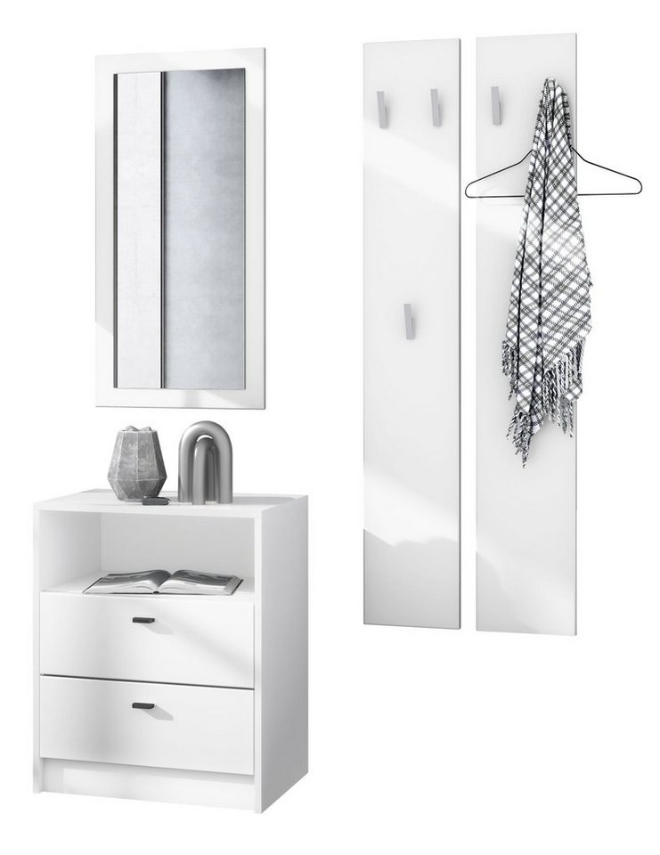 Vladon Garderoben-Set Pino, (Garderobenset bestehend aus 1 Kommode, 1 Wandspiegel und 2 Garderobenpaneele), Weiß matt (ca. 130 x 185 x 36 cm) von Vladon