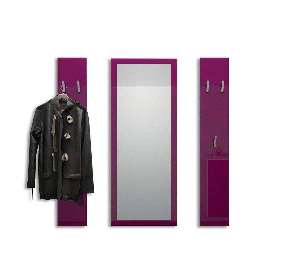 Vladon Garderoben-Set Spot, (Flurgarderobe, 3-St., mit 2 Garderobenpaneelen und 1 Spiegel), Brombeer Hochglanz (Paneel: 24 x 140 x 10 cm/Spiegel: 55 x 139 x 2 cm) von Vladon