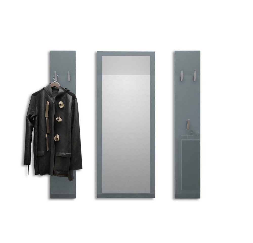 Vladon Garderoben-Set Spot, (Flurgarderobe, 3-St., mit 2 Garderobenpaneelen und 1 Spiegel), Grau Hochglanz (Paneel: 24 x 140 x 10 cm/Spiegel: 55 x 139 x 2 cm) von Vladon