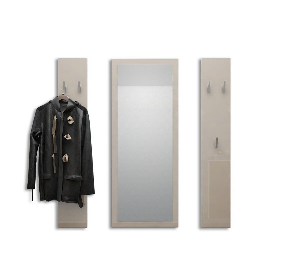 Vladon Garderoben-Set Spot, (Flurgarderobe, 3-St., mit 2 Garderobenpaneelen und 1 Spiegel), Sandgrau Hochglanz (Paneel: 24 x 140 x 10 cm/Spiegel: 55 x 139 x 2 cm) von Vladon