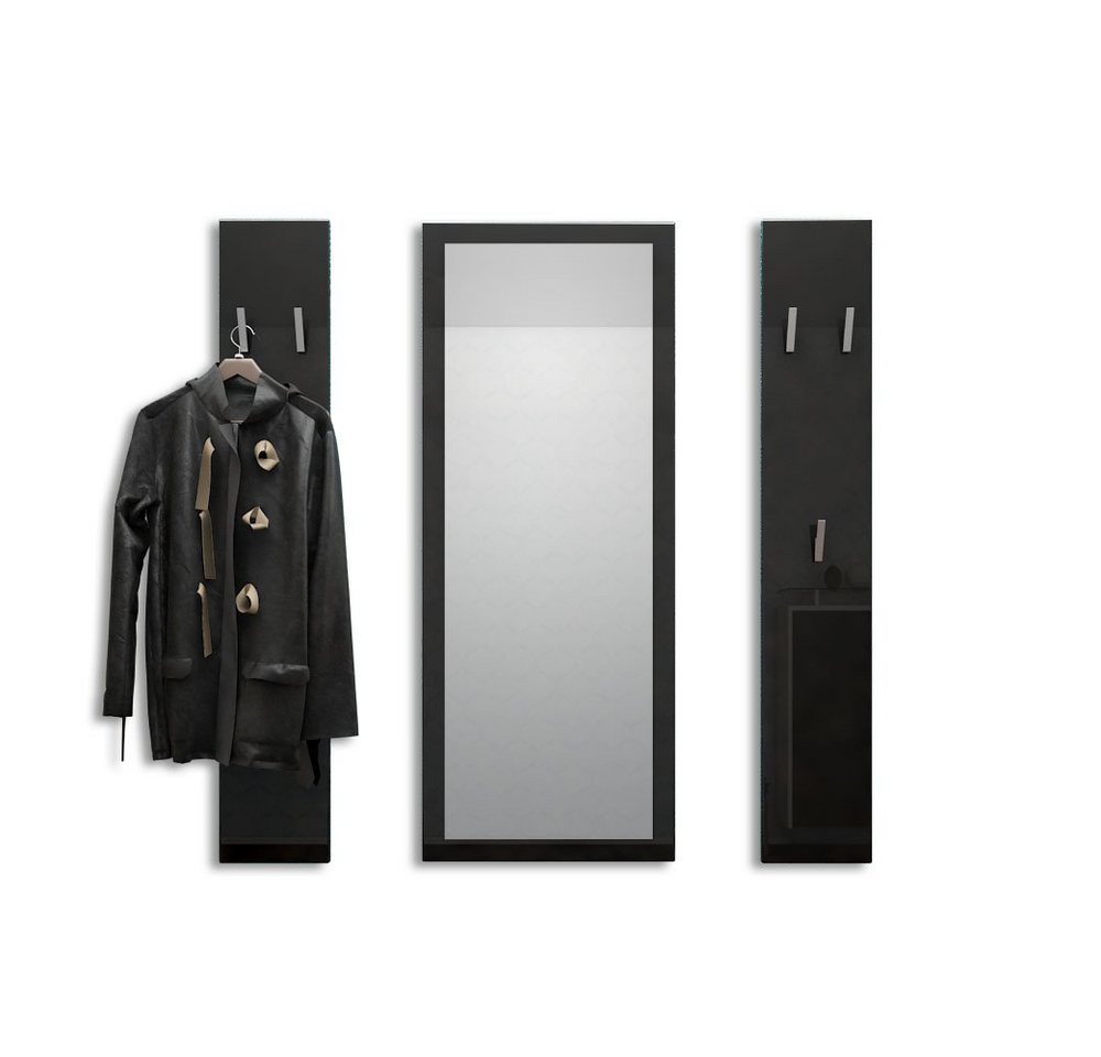 Vladon Garderoben-Set Spot, (Flurgarderobe, mit 2 Garderobenpaneelen und 1 Spiegel), Schwarz Hochglanz (Paneel: 24 x 140 x 10 cm/Spiegel: 55 x 139 x 2 cm) von Vladon