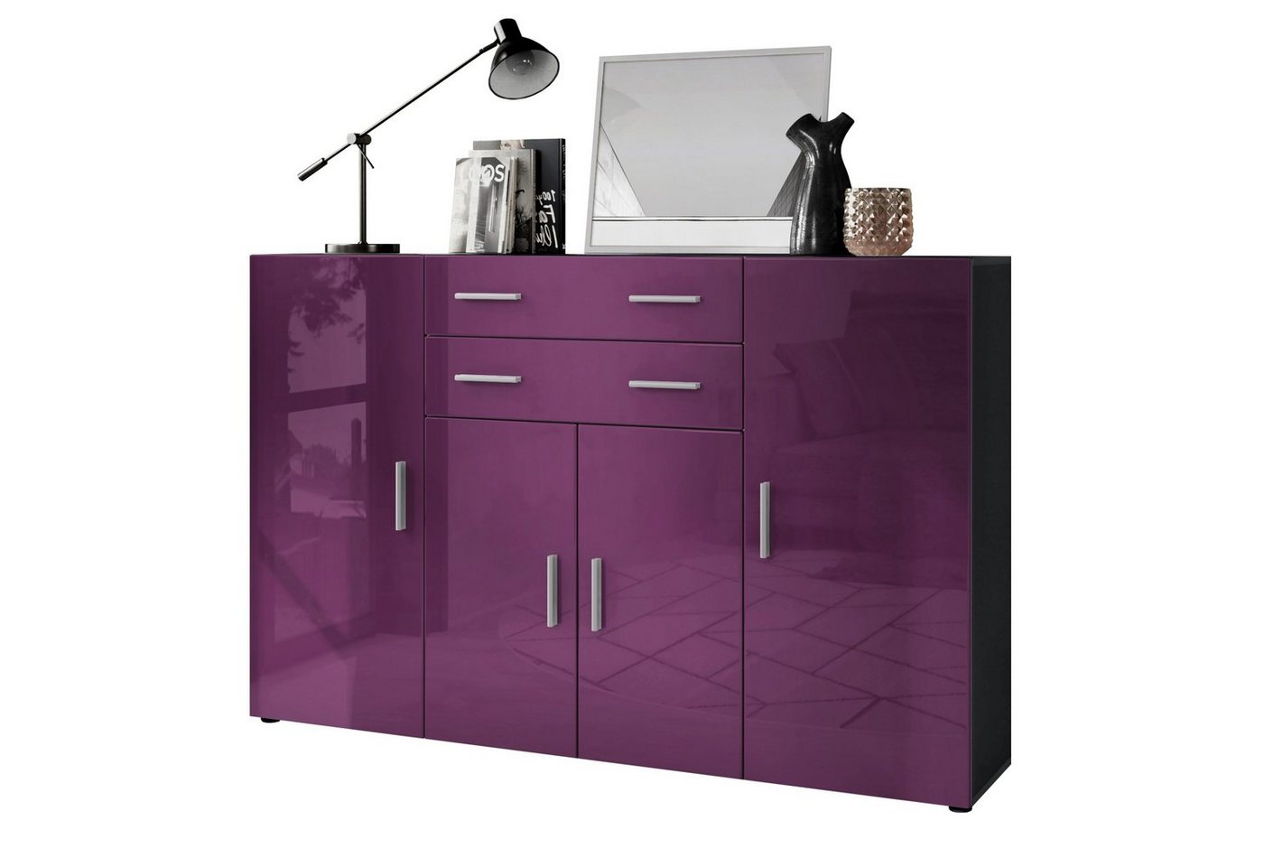 Vladon Highboard Aron (Anrichte, mit 4 Türen und 2 Schubladen), Anthrazit matt/Brombeer Hochglanz (166,5 x 106,5 x 35 cm) von Vladon