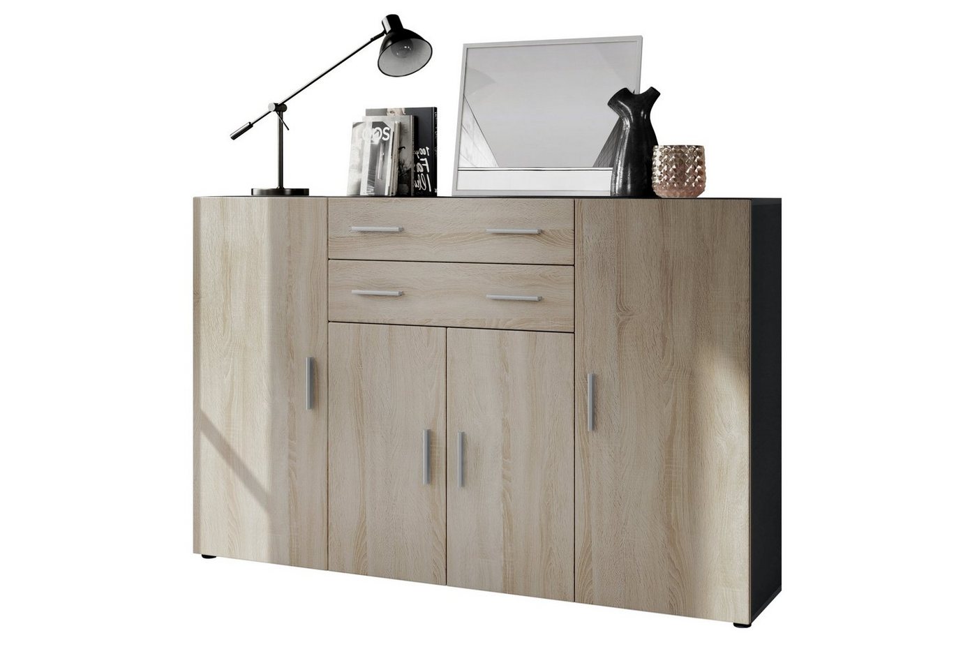 Vladon Highboard Aron (Anrichte, mit 4 Türen und 2 Schubladen), Anthrazit matt/Eiche sägerau (166,5 x 106,5 x 35 cm) von Vladon