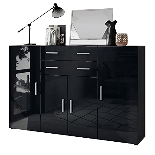 Vladon Highboard Aron Anrichte mit 2 Schubladen und 4 Türen mit insgesamt 8 Fächer dahinter, Anthrazit matt/Schwarz Hochglanz (166,5 x 106,5 x 35 cm) von Vladon