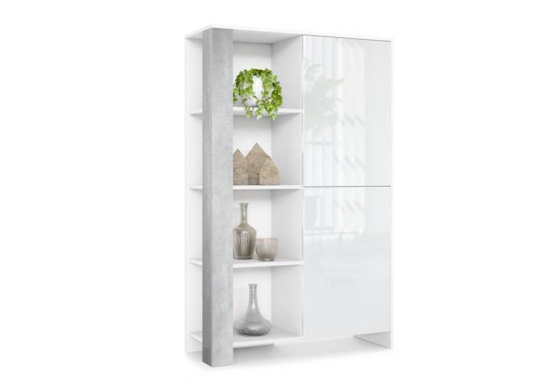 Vladon Highboard Canto (Highboard, mit 2 Türen und 8 Fächern), Weiß matt, Weiß Hochglanz, Beton Oxid Optik von Vladon