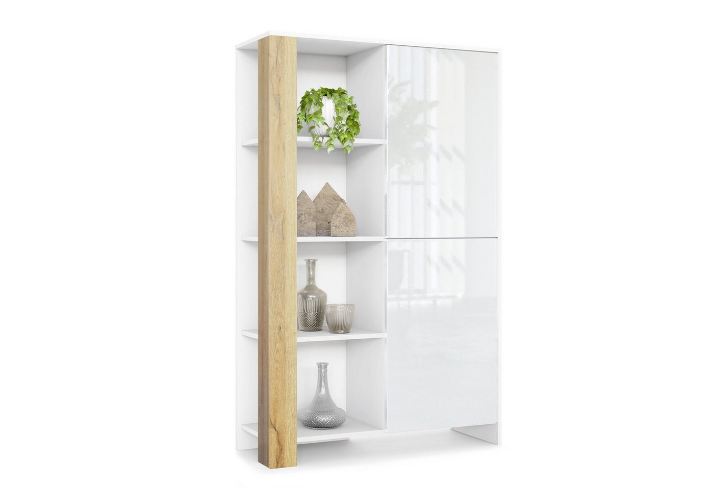 Vladon Highboard Canto (Highboard, mit 2 Türen und 8 Fächern), Weiß matt, Weiß Hochglanz, Eiche Natur von Vladon