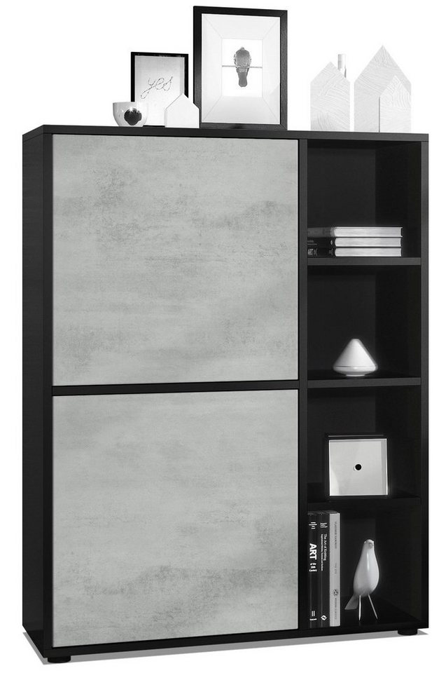 Vladon Highboard Cuba (Anrichte, mit 2 Türen und 4 offene Fächer), Schwarz matt/Beton Oxid Optik (79 x 105,5 x 35,5 cm) von Vladon