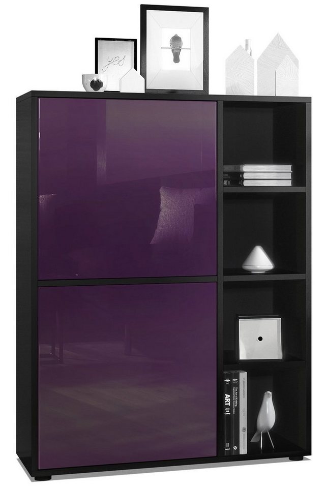 Vladon Highboard Cuba (Anrichte, mit 2 Türen und 4 offene Fächer), Schwarz matt/Brombeer Hochglanz (79 x 105,5 x 35,5 cm) von Vladon