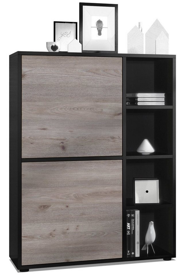 Vladon Highboard Cuba (Anrichte, mit 2 Türen und 4 offene Fächer), Schwarz matt/Eiche Nordic (79 x 105,5 x 35,5 cm) von Vladon