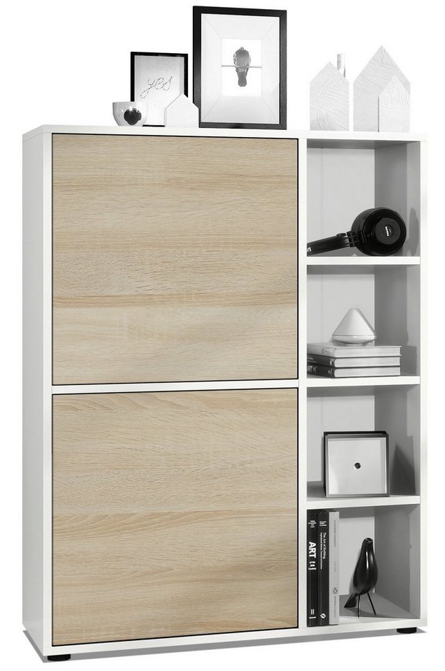 Vladon Highboard Cuba (Anrichte, mit 2 Türen und 4 offene Fächer), Weiß matt/Eiche sägerau (79 x 105,5 x 35,5 cm) von Vladon