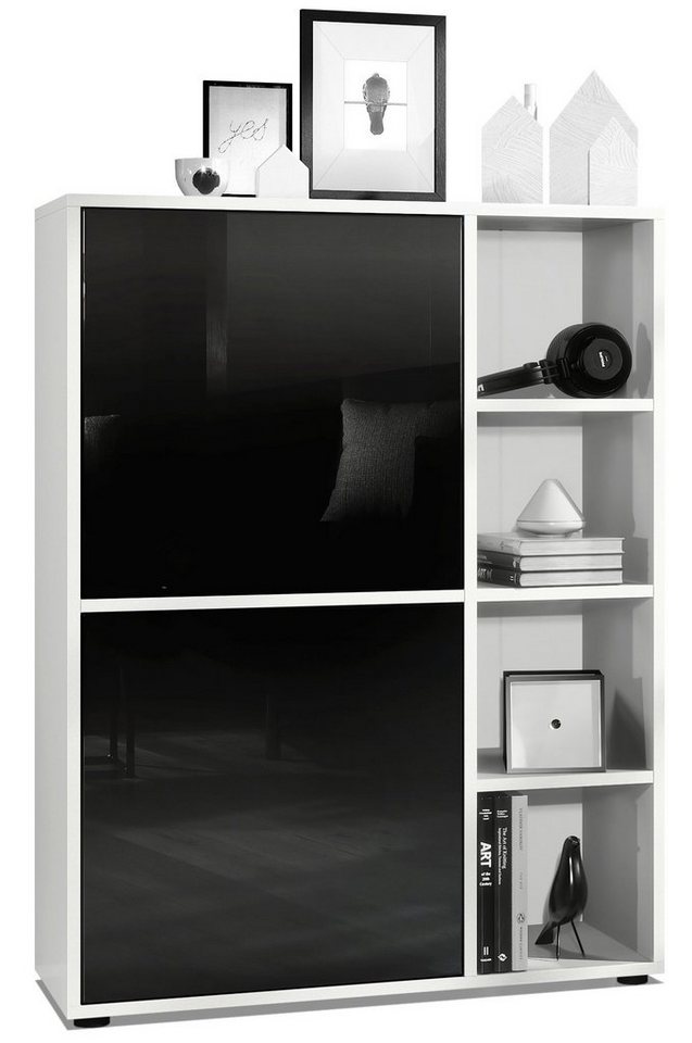 Vladon Highboard Cuba (Anrichte, mit 2 Türen und 4 offene Fächer), Weiß matt/Schwarz Hochglanz (79 x 105,5 x 35,5 cm) von Vladon