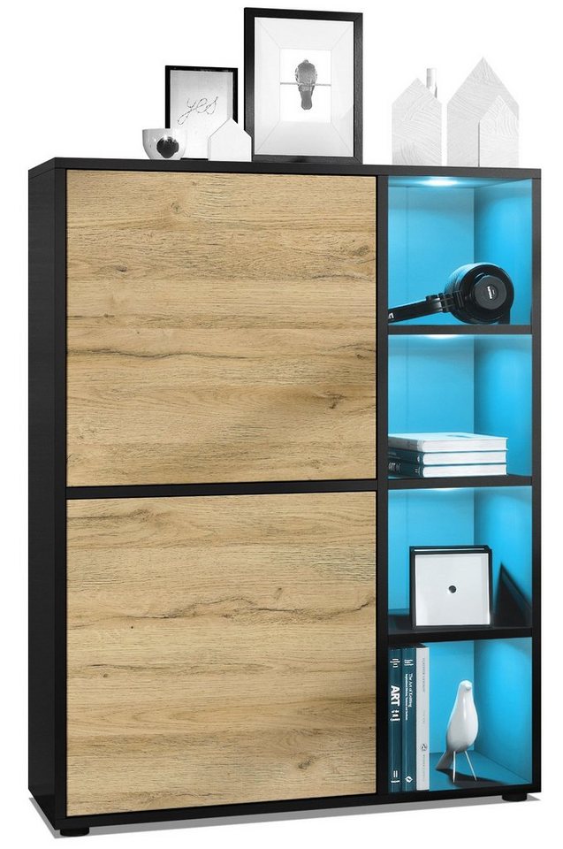 Vladon Highboard Cuba (Anrichte mit 2 Türen, und 4 offene Fächer inkl. RGB LED Beleuchtung), Schwarz matt/Eiche Natur (79 x 105,5 x 35,5 cm) von Vladon