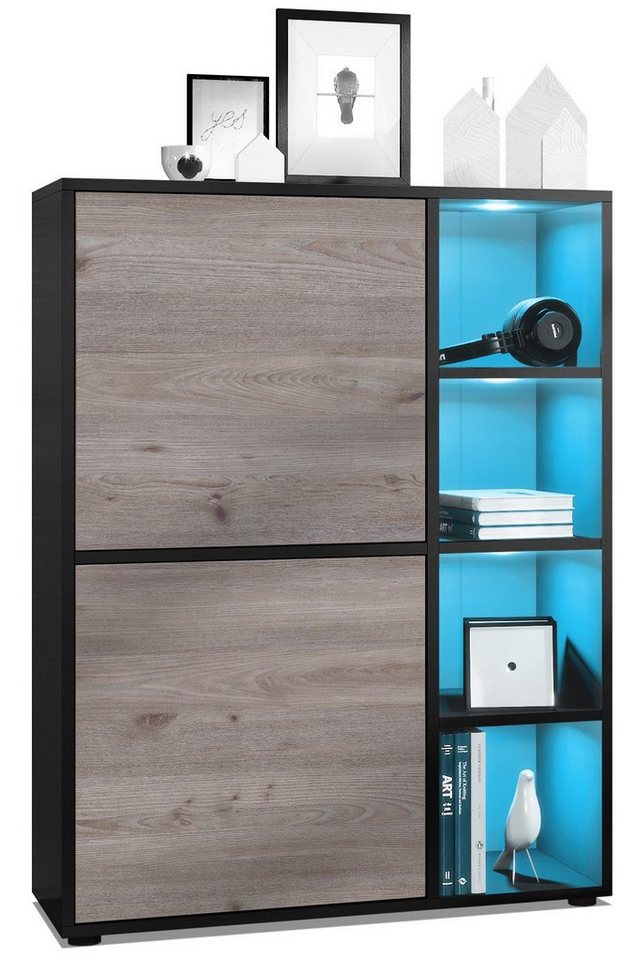 Vladon Highboard Cuba (Anrichte mit 2 Türen, und 4 offene Fächer inkl. RGB LED Beleuchtung), Schwarz matt/Eiche Nordic (79 x 105,5 x 35,5 cm) von Vladon