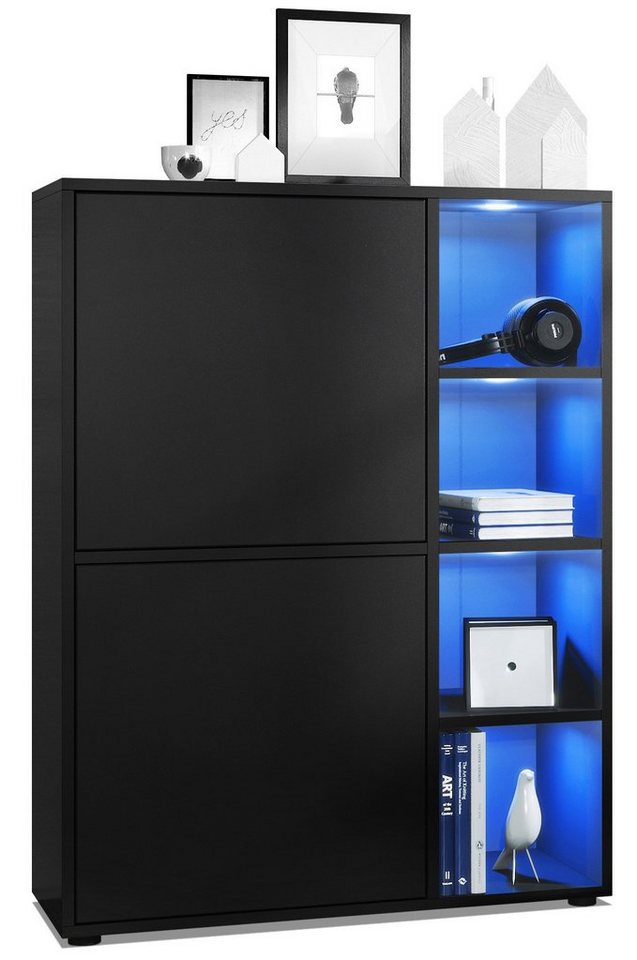 Vladon Highboard Cuba (Anrichte mit 2 Türen, und 4 offene Fächer inkl. RGB LED Beleuchtung), Schwarz matt/Schwarz matt (79 x 105,5 x 35,5 cm) von Vladon