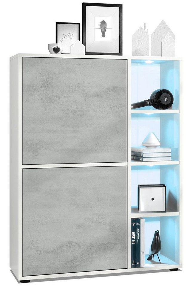 Vladon Highboard Cuba (Anrichte mit 2 Türen, und 4 offene Fächer inkl. RGB LED Beleuchtung), Weiß matt/Beton Oxid Optik (79 x 105,5 x 35,5 cm) von Vladon