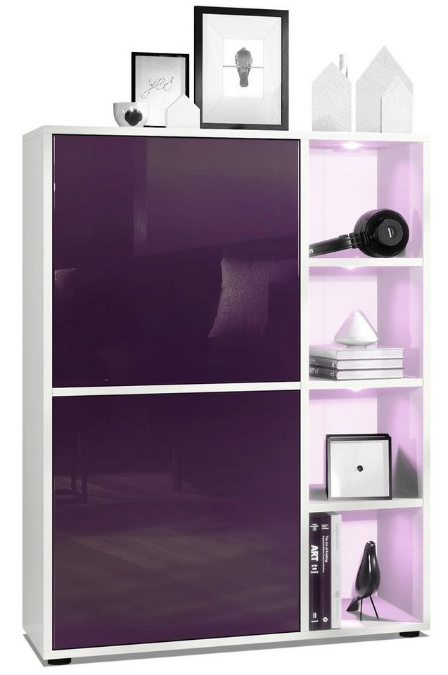 Vladon Highboard Cuba (Anrichte mit 2 Türen, und 4 offene Fächer inkl. RGB LED Beleuchtung), Weiß matt/Brombeer Hochglanz (79 x 105,5 x 35,5 cm) von Vladon