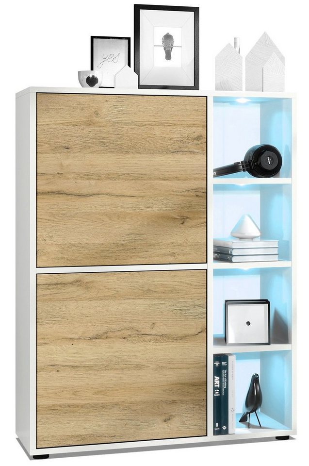 Vladon Highboard Cuba (Anrichte mit 2 Türen, und 4 offene Fächer inkl. RGB LED Beleuchtung), Weiß matt/Eiche Natur (79 x 105,5 x 35,5 cm) von Vladon