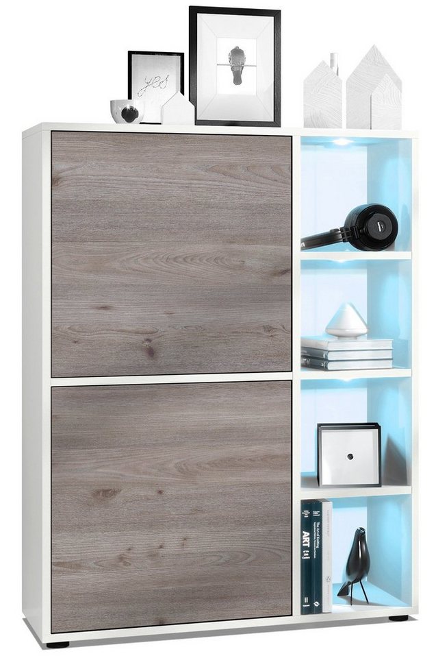 Vladon Highboard Cuba (Anrichte mit 2 Türen, und 4 offene Fächer inkl. RGB LED Beleuchtung), Weiß matt/Eiche Nordic (79 x 105,5 x 35,5 cm) von Vladon