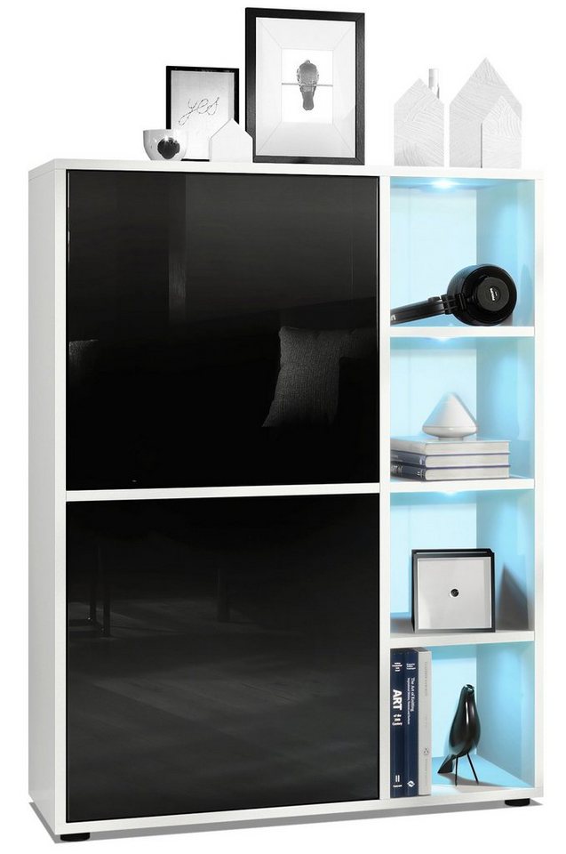 Vladon Highboard Cuba (Anrichte mit 2 Türen, und 4 offene Fächer inkl. RGB LED Beleuchtung), Weiß matt/Schwarz Hochglanz (79 x 105,5 x 35,5 cm) von Vladon