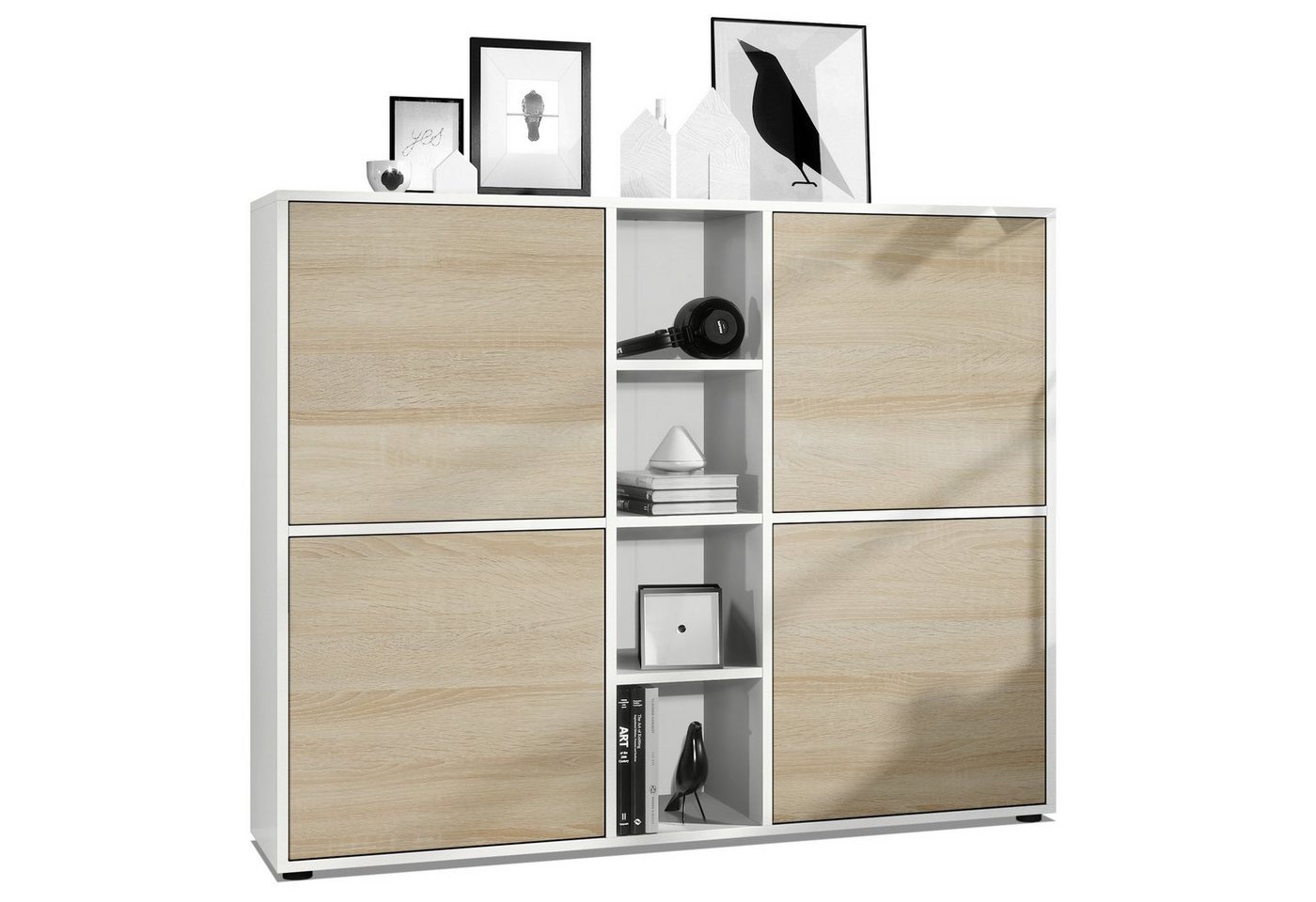 Vladon Highboard Cuba V3 (Highboard, Schrank Anrichte Cuba V3 mit 12 Fächern), Korpus in Weiß matt / Fronten in Eiche sägerau (130,5x105,5x35,5 cm) von Vladon