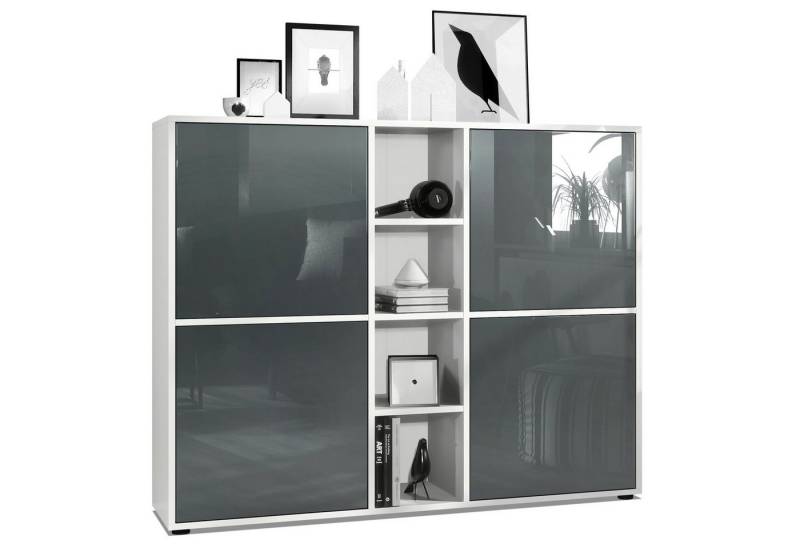 Vladon Highboard Cuba V3 (Highboard, Schrank Anrichte Cuba V3 mit 12 Fächern), Korpus in Weiß matt / Fronten in Grau Hochglanz (130,5x105,5x35,5 cm) von Vladon