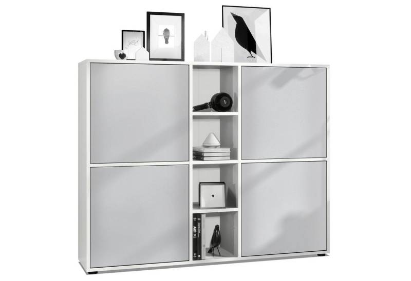 Vladon Highboard Cuba V3 (Highboard, Schrank Anrichte Cuba V3 mit 12 Fächern), Korpus in Weiß matt / in Hellgrau seidenmatt (130,5x105,5x35,5 cm) von Vladon