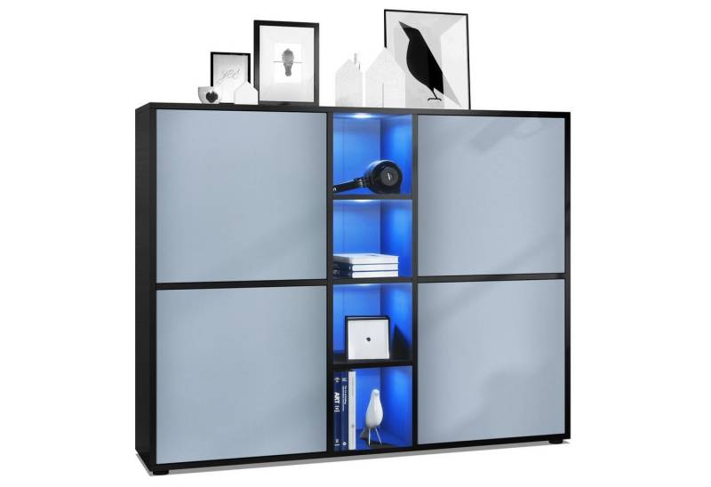 Vladon Highboard Cuba V3 (Highboard, mit 12 Fächern, inkl. RGB LED Beleuchtung), Korpus in Schwarz matt / Fronten in Denim matt (130,5x105,5x35,5 cm) von Vladon