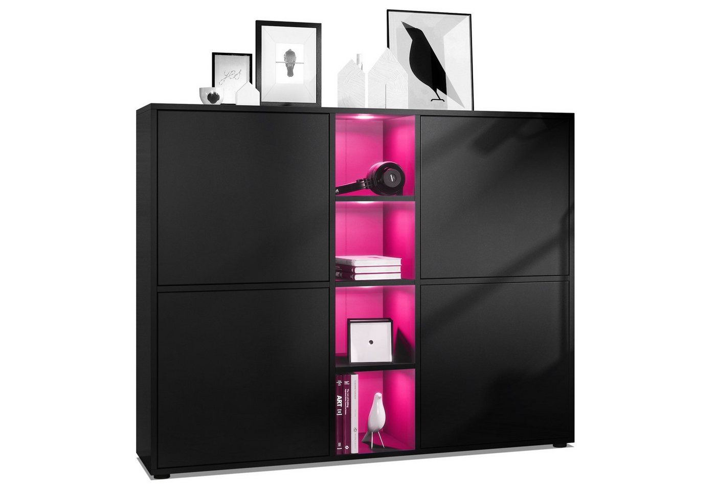 Vladon Highboard Cuba (Highboard, mit 12 Fächern, inkl. RGB LED Beleuchtung), Korpus in Schwarz matt / in Schwarz matt (130,5x105,5x35,5 cm) von Vladon