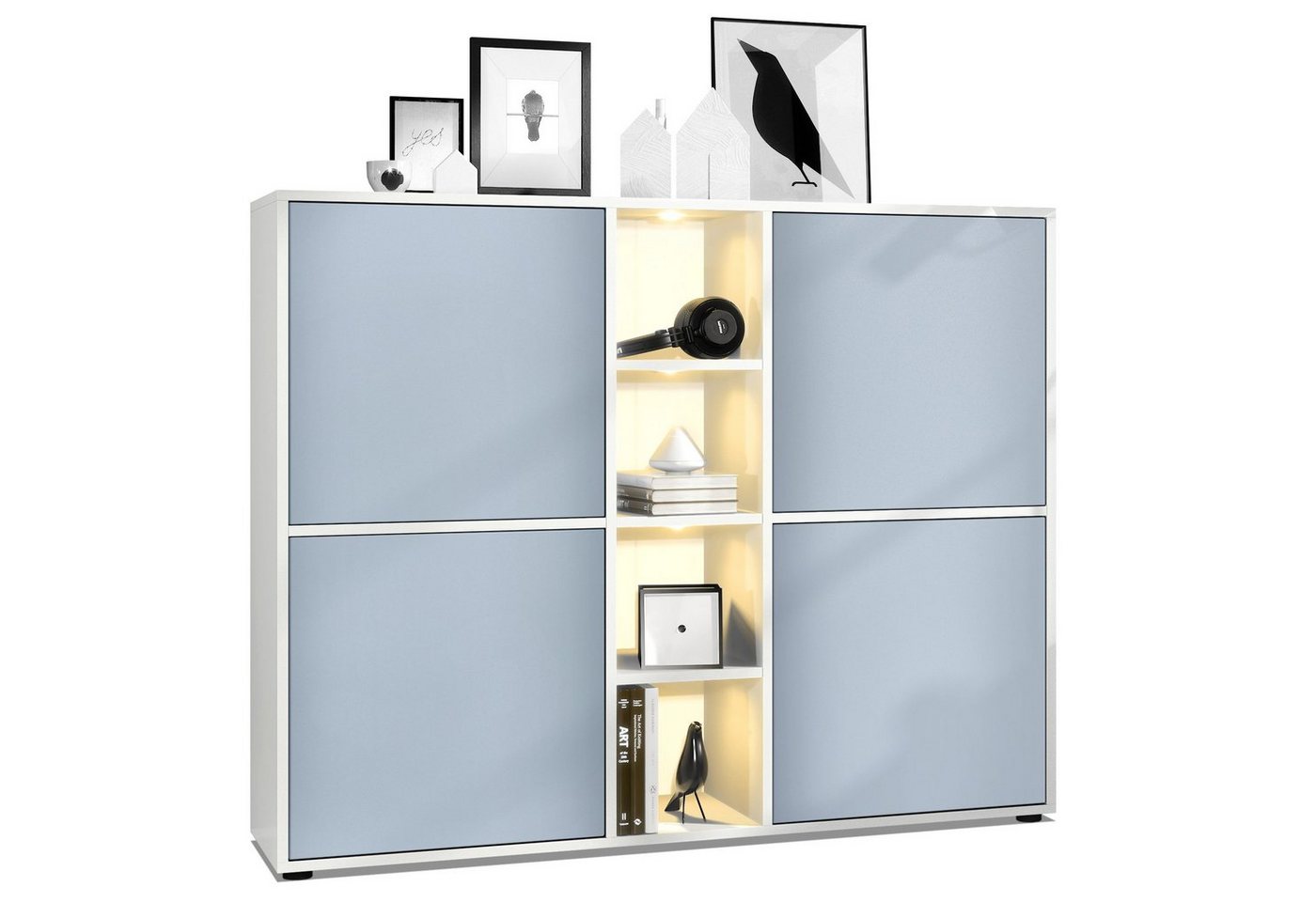 Vladon Highboard Cuba V3 (Highboard, mit 12 Fächern, inkl. RGB LED Beleuchtung), Korpus in Weiß matt / Fronten in Denim matt (130,5 x 105,5 x 35,5 cm) von Vladon