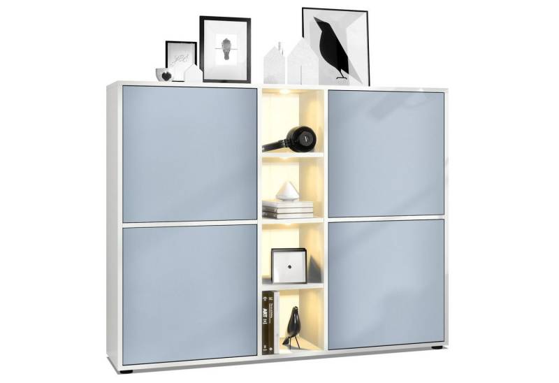 Vladon Highboard Cuba V3 (Highboard, mit 12 Fächern, inkl. RGB LED Beleuchtung), Korpus in Weiß matt / Fronten in Denim matt (130,5 x 105,5 x 35,5 cm) von Vladon