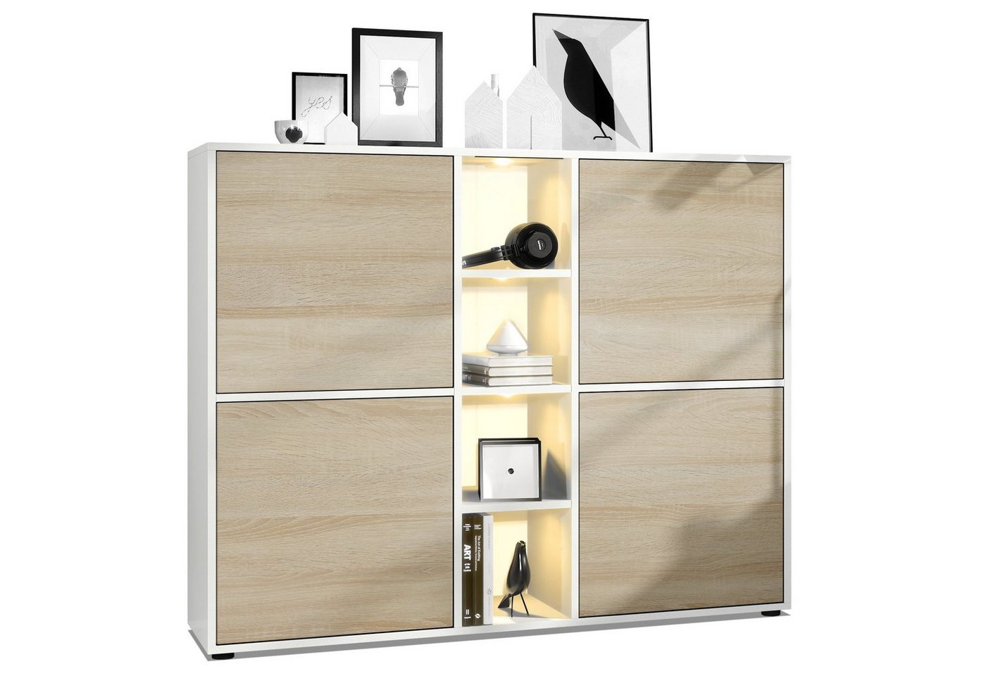 Vladon Highboard Cuba V3 (Highboard, mit 12 Fächern, inkl. RGB LED Beleuchtung), Korpus in Weiß matt / Fronten in Eiche sägerau (130,5x105,5x35,5 cm) von Vladon