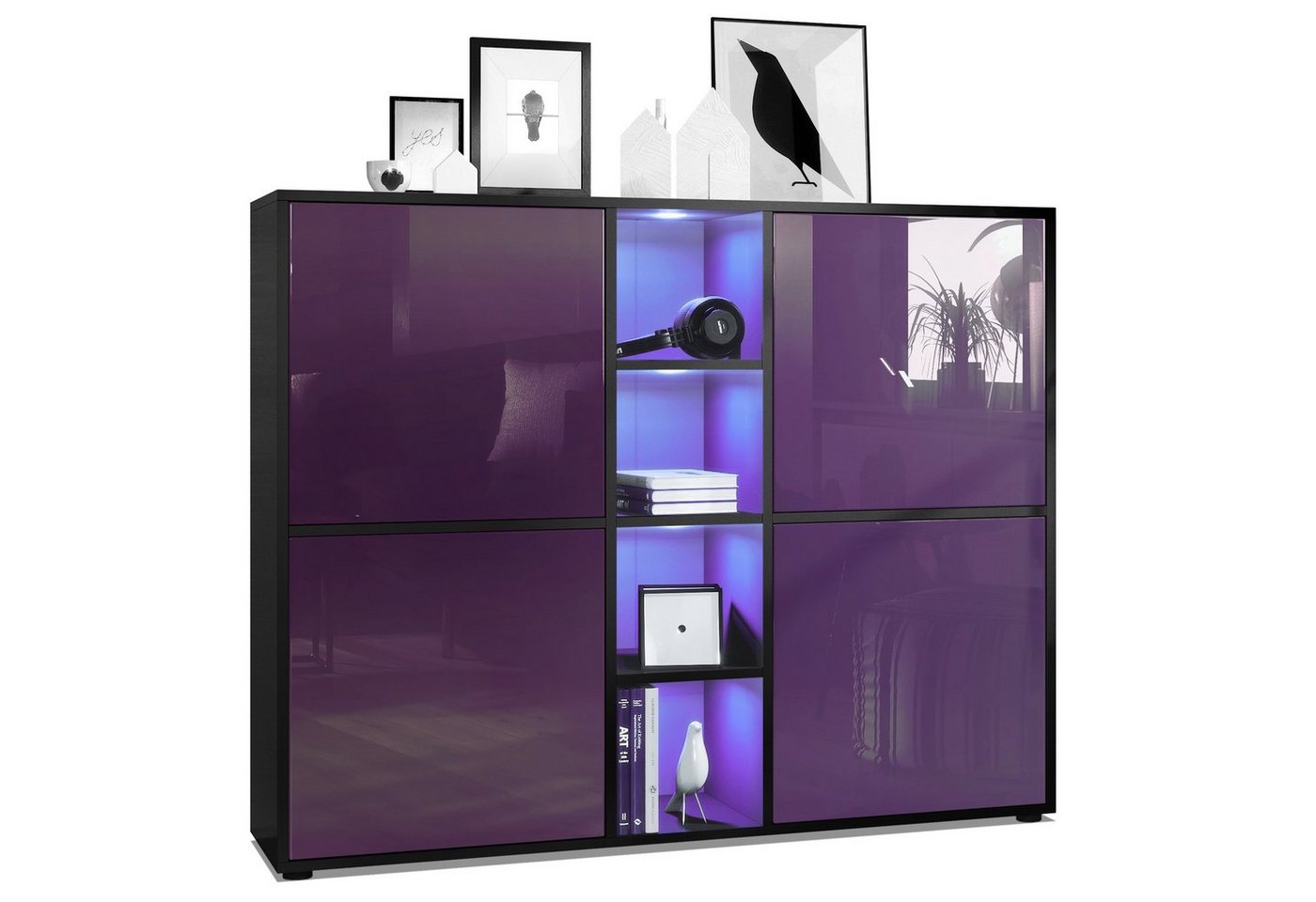 Vladon Highboard Cuba (Highboard, mit 12 Fächern, inkl. RGB LED Beleuchtung), in Schwarz matt / Fronten in Brombeer Hochglanz (130,5x105,5x35,5 cm) von Vladon