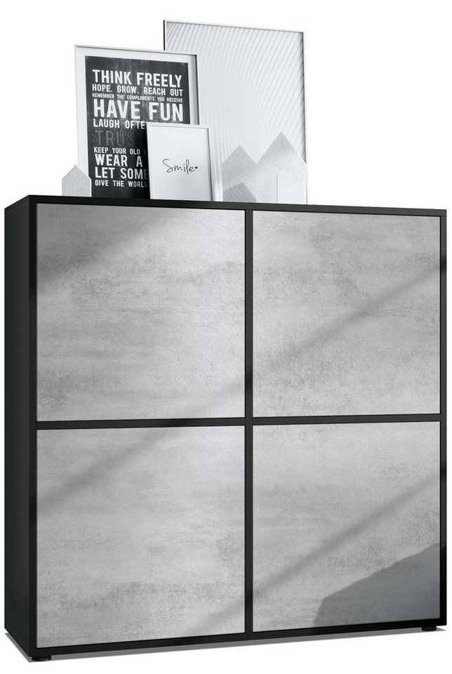 Vladon Highboard Cuba V2 (Schrank, 104 x 105,5 x 35,5 cm Sideboard mit 8 Fächern), Korpus in Schwarz matt / Fronten in Beton Oxid Optik von Vladon