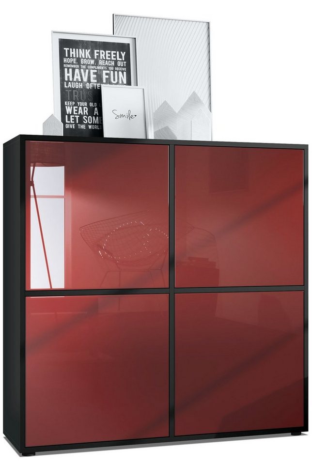 Vladon Highboard Cuba V2 (Schrank, 104 x 105,5 x 35,5 cm Sideboard mit 8 Fächern), Korpus in Schwarz matt / Fronten in Bordeaux Hochglanz von Vladon