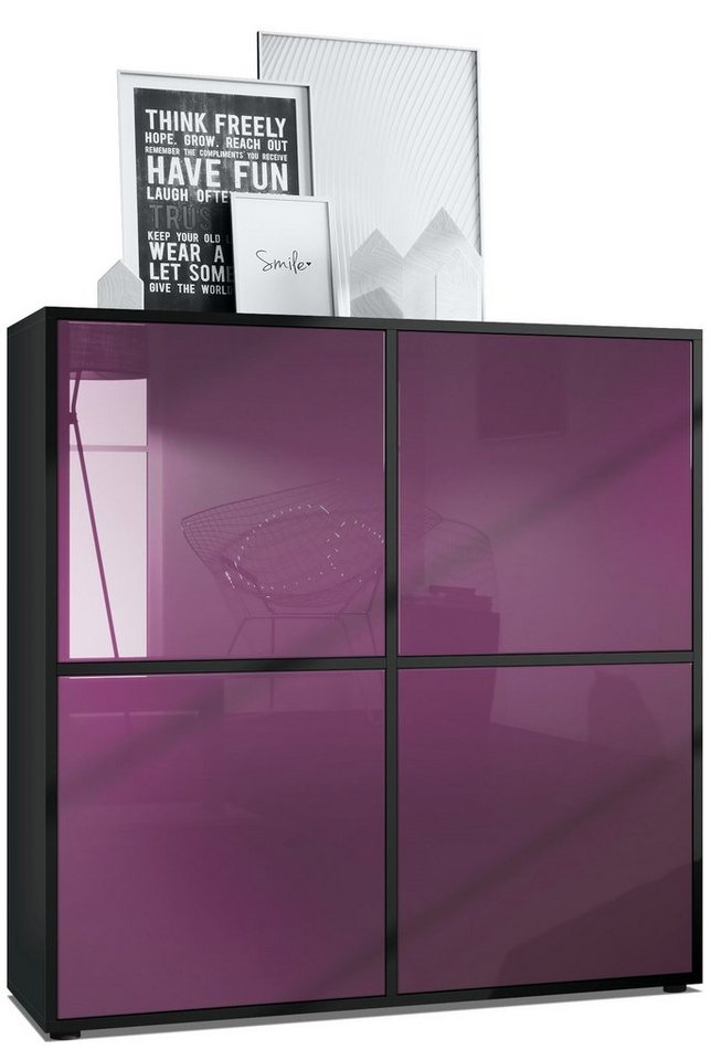 Vladon Highboard Cuba V2 (Schrank, 104 x 105,5 x 35,5 cm Sideboard mit 8 Fächern), Korpus in Schwarz matt / Fronten in Brombeer Hochglanz von Vladon