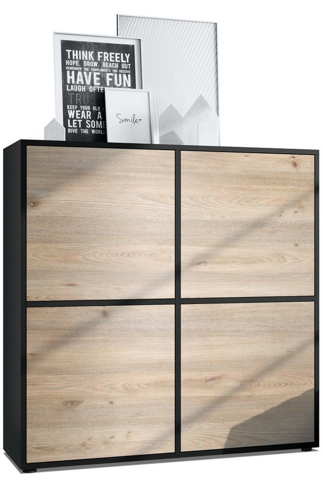 Vladon Highboard Cuba (Schrank, 104 x 105,5 x 35,5 cm Sideboard mit 8 Fächern), Korpus in Schwarz matt / Fronten in Eiche Nordic von Vladon