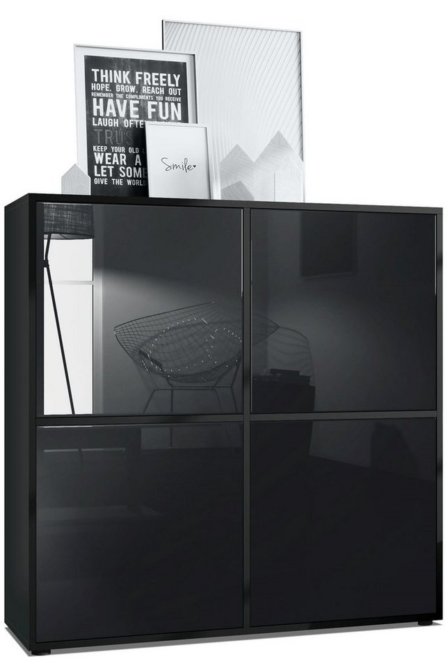 Vladon Highboard Cuba V2 (Schrank, 104 x 105,5 x 35,5 cm Sideboard mit 8 Fächern), Korpus in Schwarz matt / Fronten in Schwarz Hochglanz von Vladon
