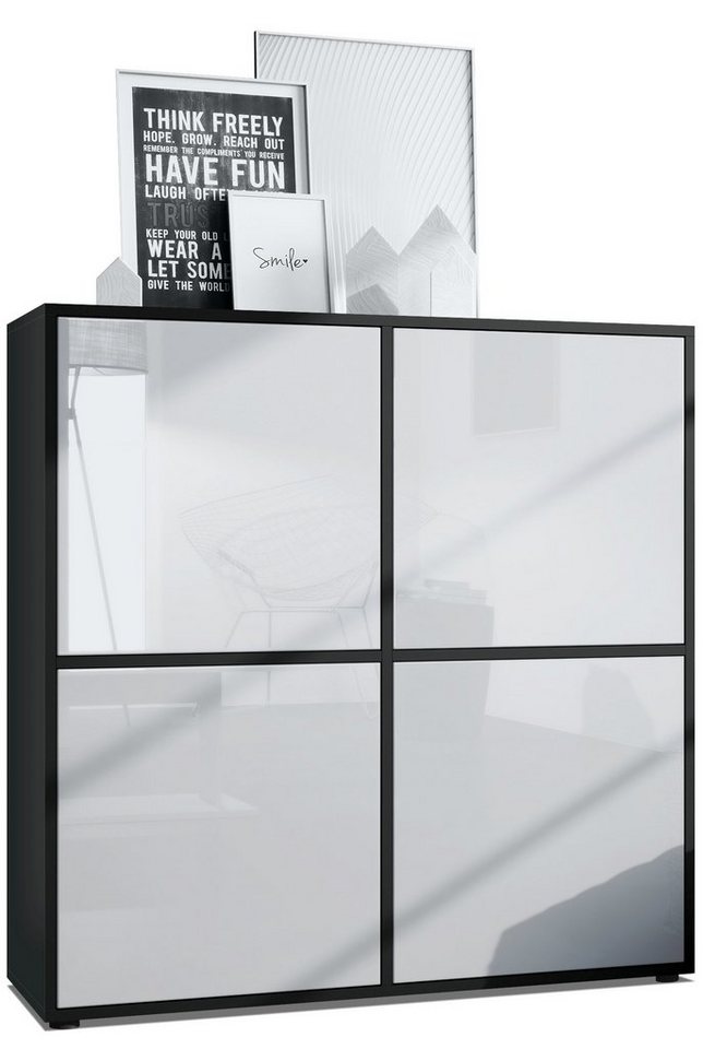 Vladon Highboard Cuba V2 (Schrank, 104 x 105,5 x 35,5 cm Sideboard mit 8 Fächern), Korpus in Schwarz matt / Fronten in Weiß Hochglanz von Vladon