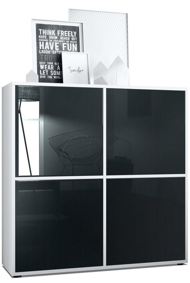 Vladon Highboard Cuba (Schrank, 104 x 105,5 x 35,5 cm Sideboard mit 8 Fächern), Korpus in Weiß matt / Fronten in Schwarz Hochglanz von Vladon