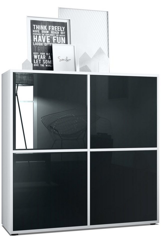 Vladon Highboard Cuba V2 (Schrank, 104 x 105,5 x 35,5 cm Sideboard mit 8 Fächern), Korpus in Weiß matt / Fronten in Schwarz Hochglanz von Vladon