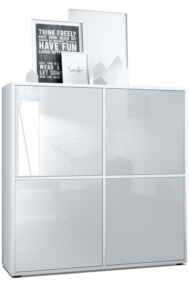 Vladon Highboard Cuba V2 (Schrank, 104 x 105,5 x 35,5 cm Sideboard mit 8 Fächern), Korpus in Weiß matt / Fronten in Weiß Hochglanz von Vladon
