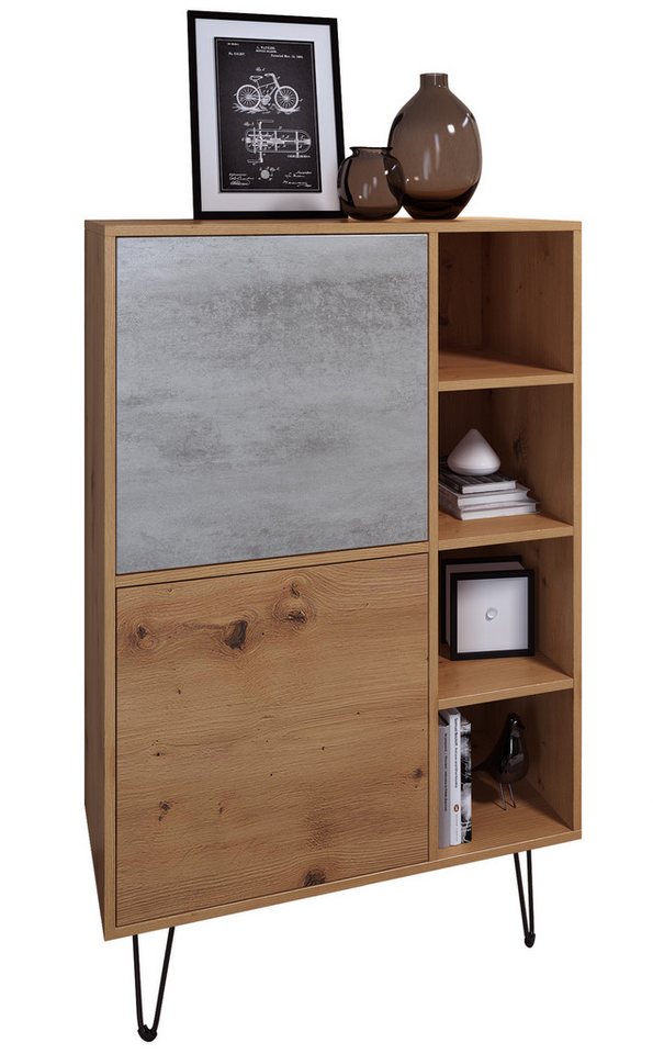Vladon Highboard Havana V1 (Schrank mit 2 Türen und 4 offene Fächer, Kommode Made in Germany), Eiche Evoke / Beton Oxid Optik (124 x 79 x 35 cm) von Vladon
