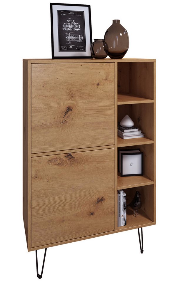 Vladon Highboard Havana V1 (Schrank mit 2 Türen und 4 offene Fächer, Kommode Made in Germany), Eiche Evoke / Eiche Evoke (124 x 79 x 35 cm) von Vladon