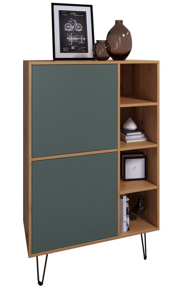 Vladon Highboard Havana V1 (Schrank mit 2 Türen und 4 offene Fächer, Kommode Made in Germany), Eiche Evoke / Fjord Grün (124 x 79 x 35 cm) von Vladon
